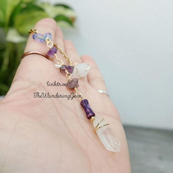 Amethyst & Quartz Crystal Beaded Dowsing Pendulum, Butterfly Purple 7.5" - Picture 1 of 5